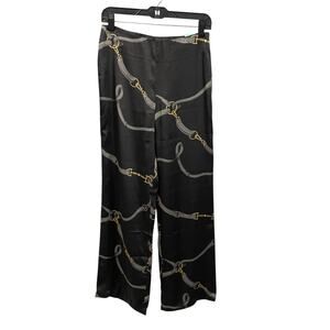 NWD J. McLaughlin Satin Wide Leg Carter Pant Black Gold Bridle Chain Print 4
